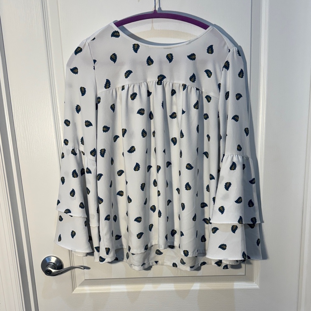 Loft White Blouse with Blue Feather Pattern Long Flouncy Sleeve Size MP